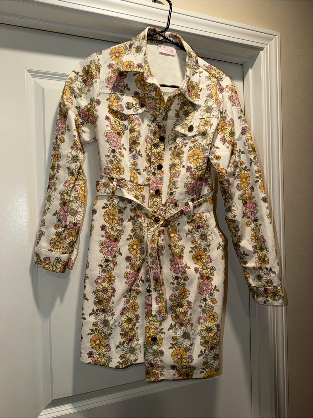 Pink Lily White Floral Belted Dress with Pink & Yellow Flowers